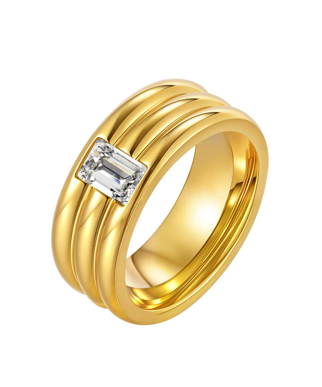 KissICON PJ-RC-783G / 6 White Zircon Wedding Ring – Gold Plated Steel