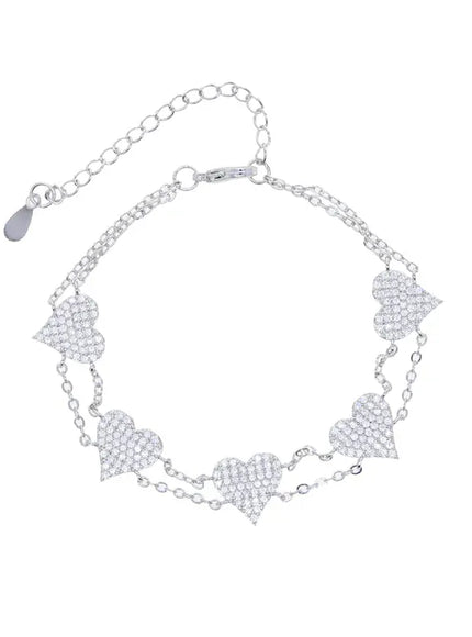 KissICON Platinum / 19cm Bling Heart Charm Bracelet – Double Chain White