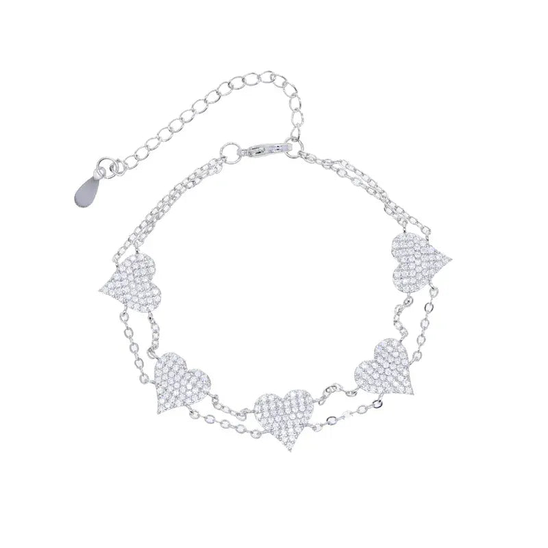 KissICON Platinum / 19cm Bling Heart Charm Bracelet – Double Chain White