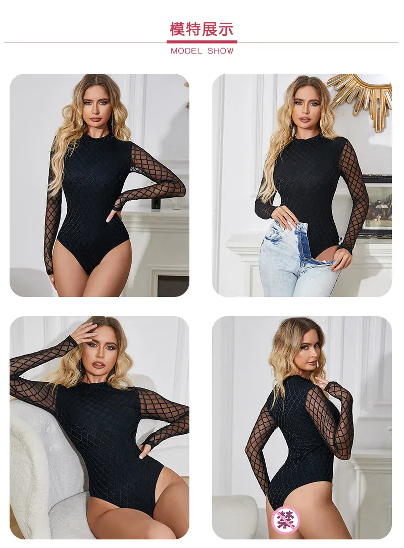 KissICON Plsu Size Woman Jumpsuit Plump Oversized Bodysuit Pajama Lady Black HighNeck Leotard Lingerie Long Sleeve Teddy