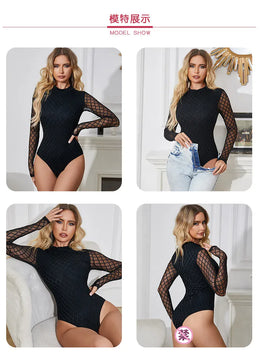 KissICON Plsu Size Woman Jumpsuit Plump Oversized Bodysuit Pajama Lady Black HighNeck Leotard Lingerie Long Sleeve Teddy