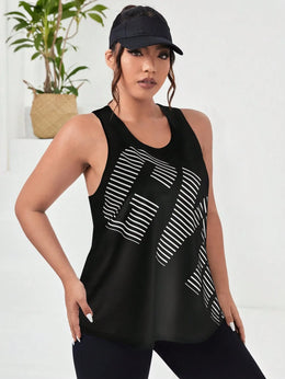 Easithlete Plus Letter & Striped Print Sports Tank Top