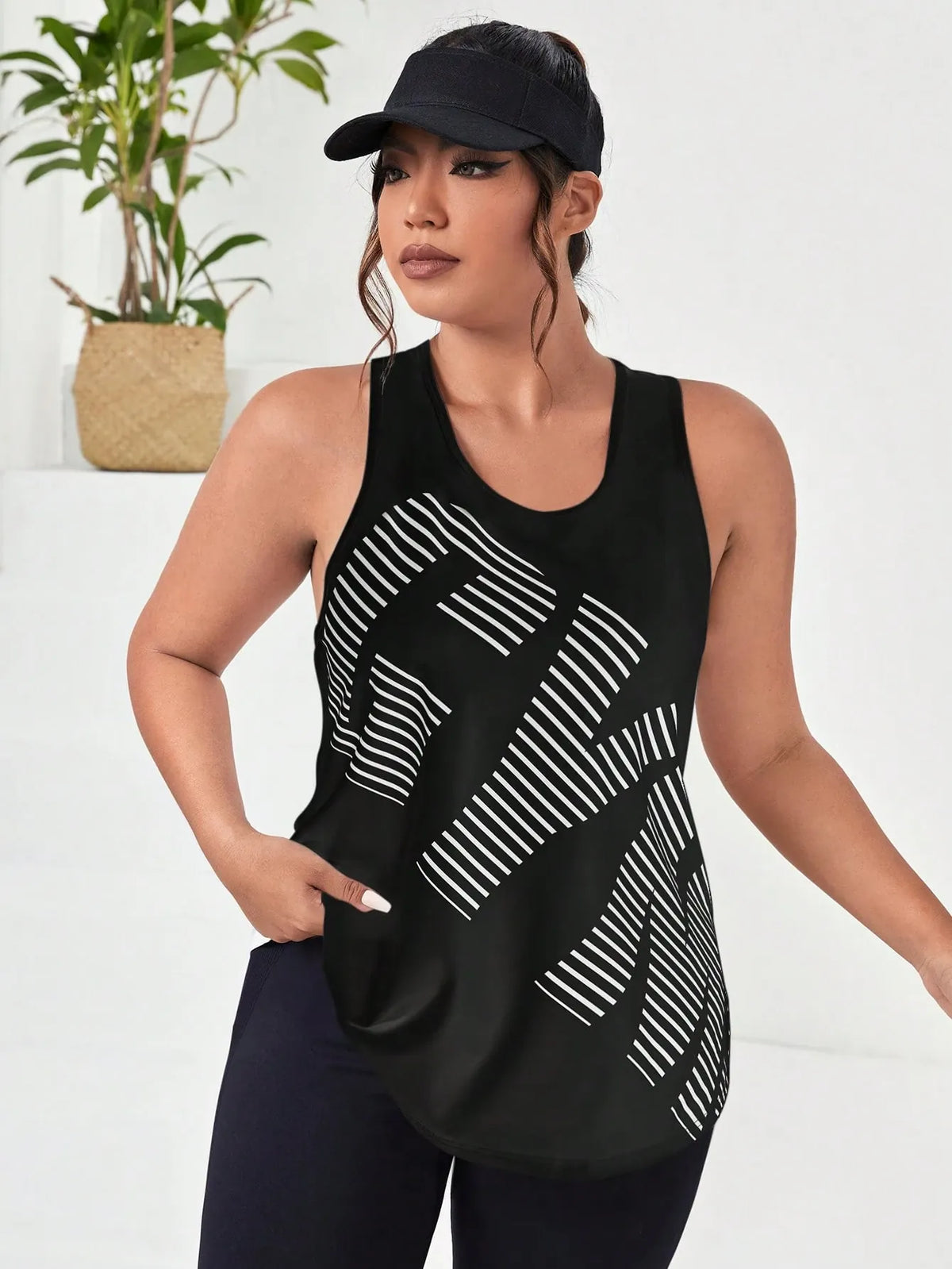 Easithlete Plus Letter & Striped Print Sports Tank Top