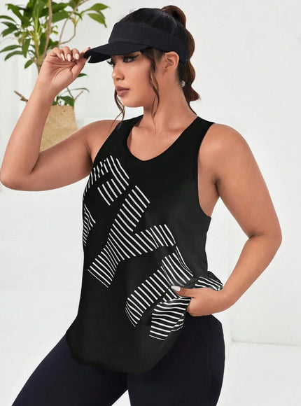 Easithlete Plus Letter & Striped Print Sports Tank Top