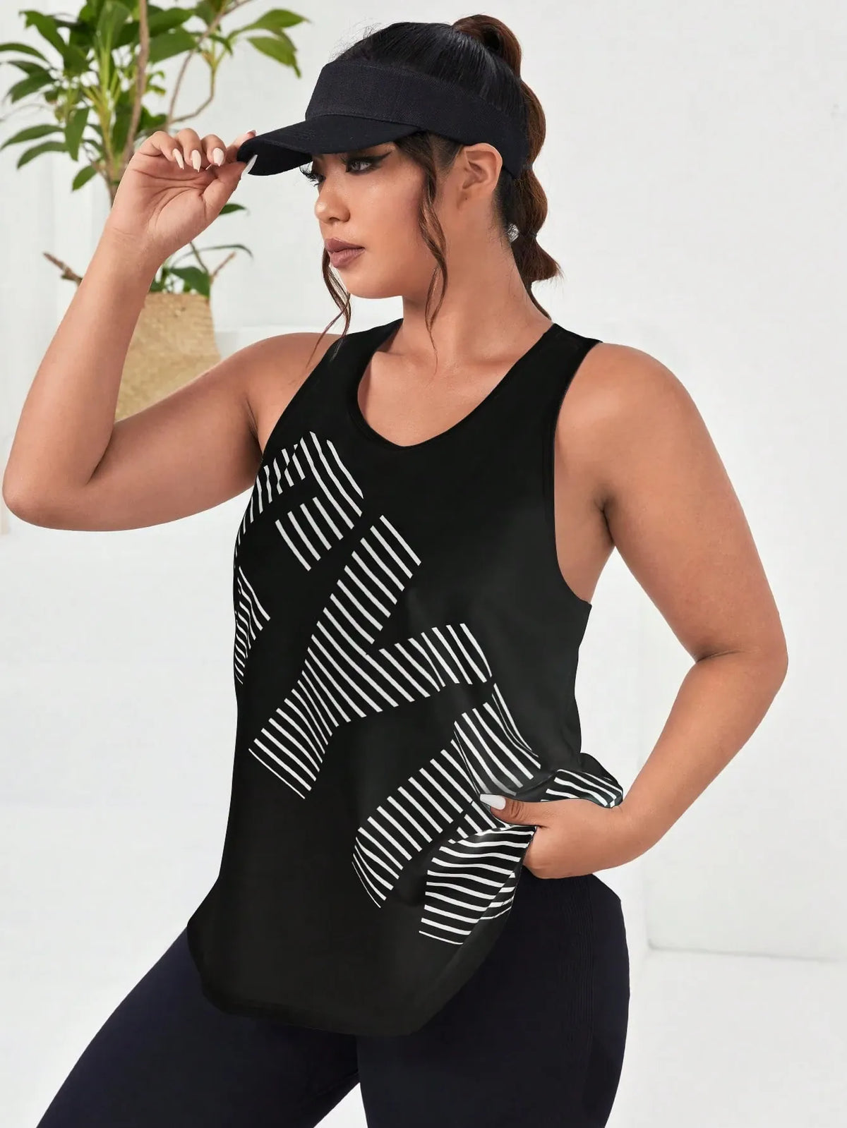 Easithlete Plus Letter & Striped Print Sports Tank Top