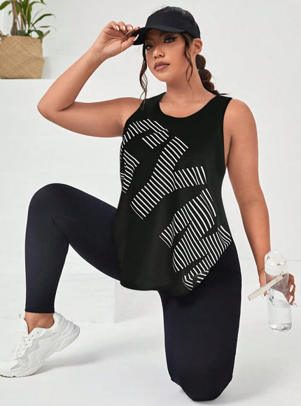 Easithlete Plus Letter & Striped Print Sports Tank Top