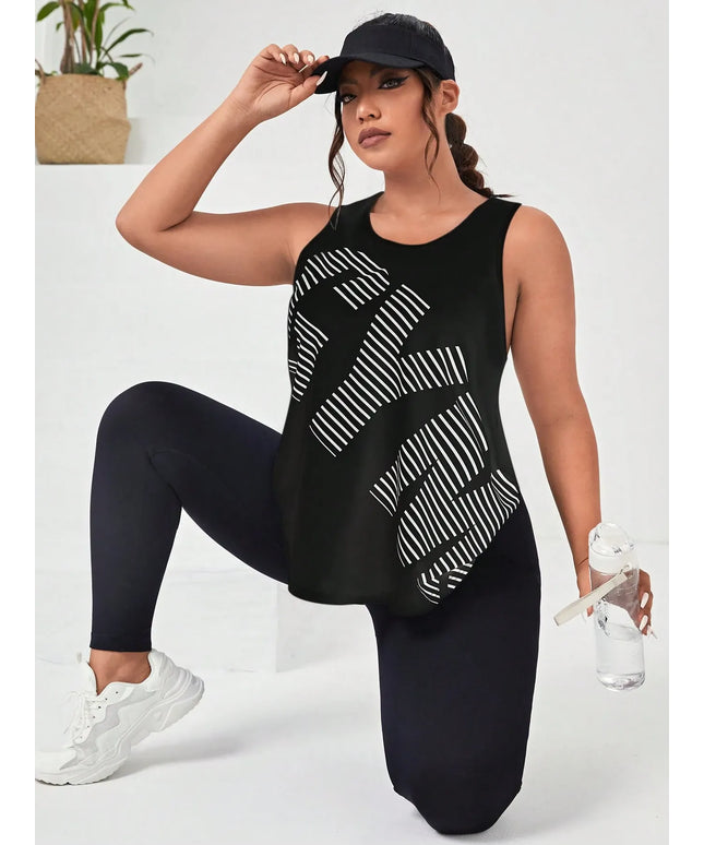 Easithlete Plus Letter & Striped Print Sports Tank Top