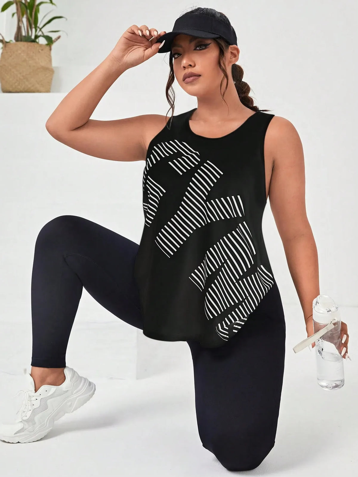 Easithlete Plus Letter & Striped Print Sports Tank Top