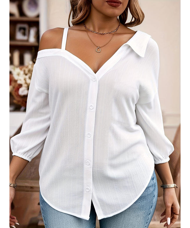 KissICON Plus Size, 2025 Autumn New Arrival Oversized Women's Loose Drop Shoulder Asymmetrical Neckline Solid White Casual Shirt, Style Top for Daily Wear and Festive Occasions