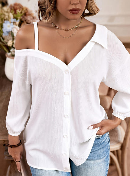 KissICON Plus Size, 2025 Autumn New Arrival Oversized Women's Loose Drop Shoulder Asymmetrical Neckline Solid White Casual Shirt, Style Top for Daily Wear and Festive Occasions