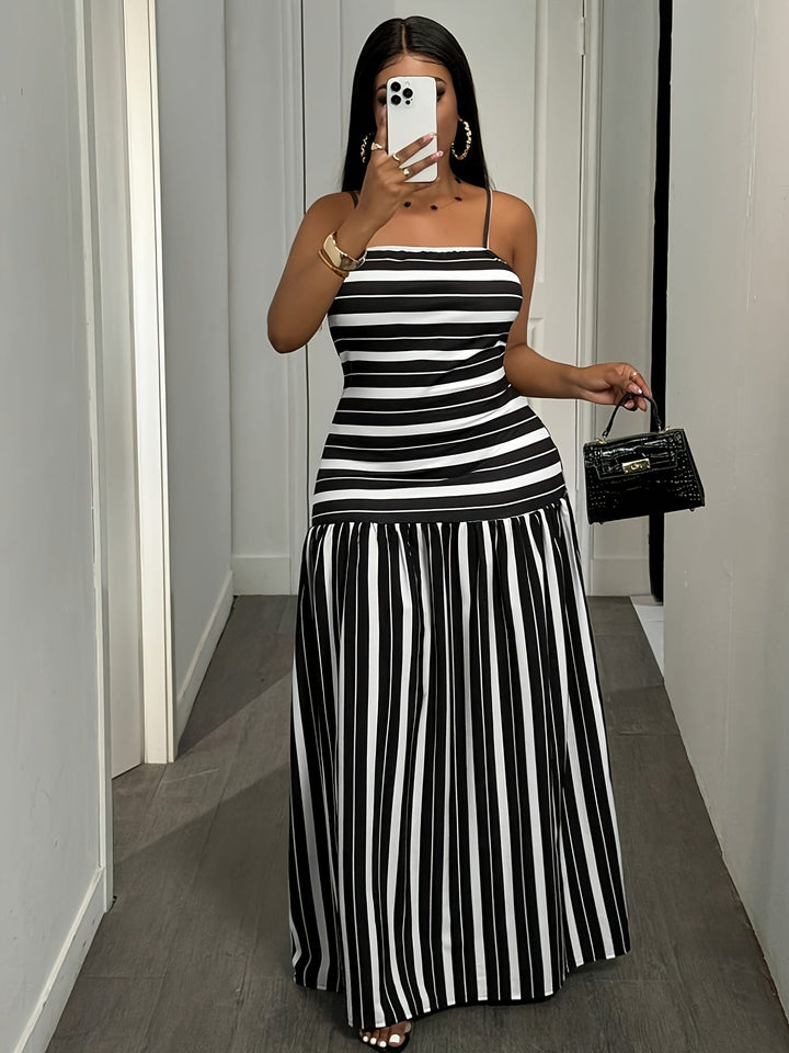 Plus Size - 2025 New Plus Size Women'S Striped Off-Shoulder A-Line Dress - Elegant Black & White Vertical Stripes, Stretchy Fabric, Sleeveless, All-Season Wear, Casual to Formal Attire, Formal Attire|Striped Pattern| A-Line Silhouette|Stretchy Fabric