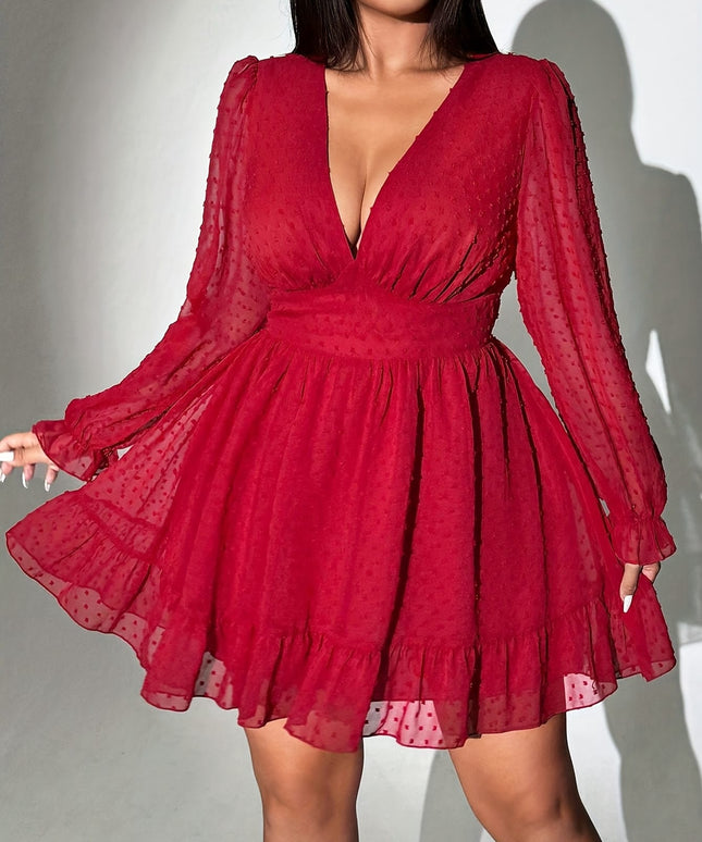 jkthpu-45 Plus Size, A24B1029 Elegant Mesh Long Sleeve Sexy Plus Size Open Front Dress