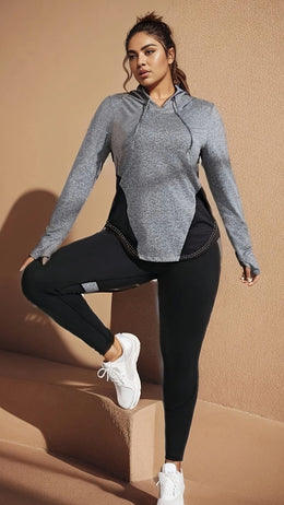 jkthpu-45 Plus Size Activewear Mesh Hoodie  HighWaist Leggings Set