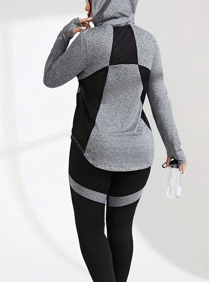 jkthpu-45 Plus Size Activewear Mesh Hoodie  HighWaist Leggings Set
