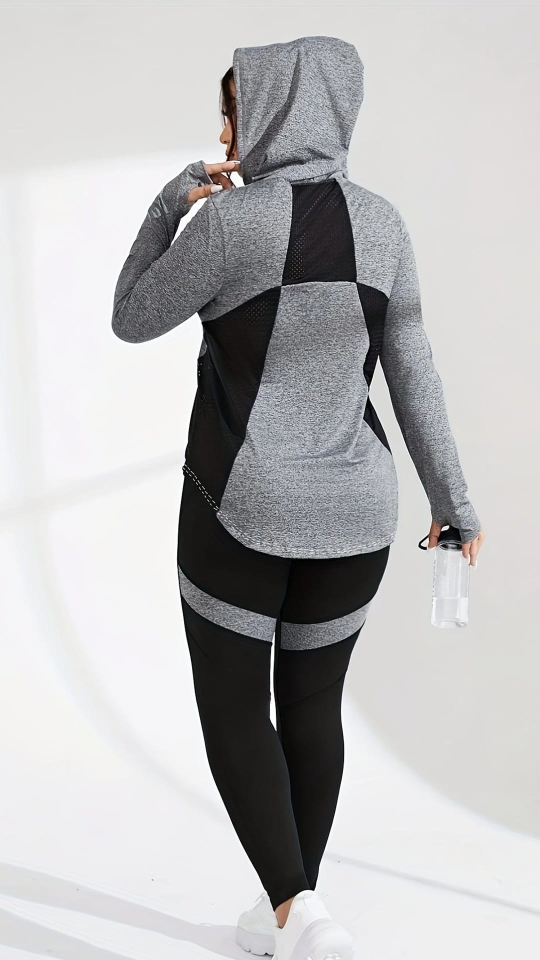 jkthpu-45 Plus Size Activewear Mesh Hoodie  HighWaist Leggings Set