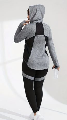 jkthpu-45 Plus Size Activewear Mesh Hoodie  HighWaist Leggings Set