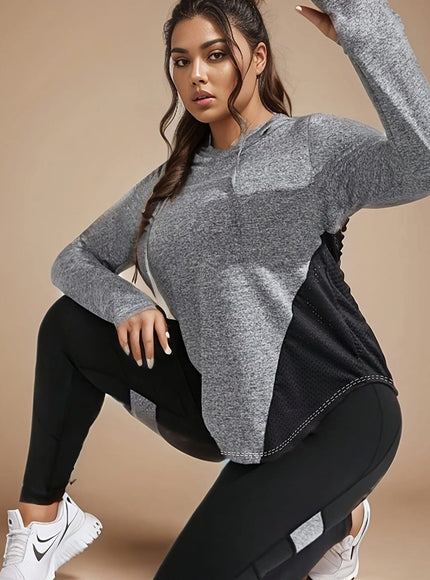 jkthpu-45 Plus Size Activewear Mesh Hoodie  HighWaist Leggings Set