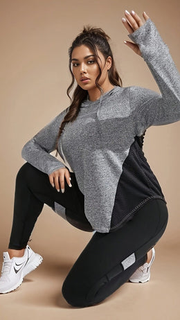 jkthpu-45 Plus Size Activewear Mesh Hoodie  HighWaist Leggings Set