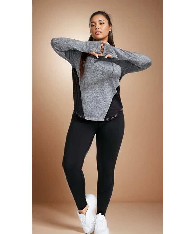 jkthpu-45 Plus Size Activewear Mesh Hoodie  HighWaist Leggings Set