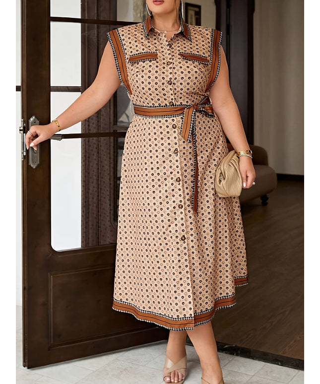 jkthpu-45 Plus Size Allover Print Button Front Belted Dress, Elegant Cap Sleeve Collared Midi Dress For Spring & Summer, Women's Plus Size Clothing