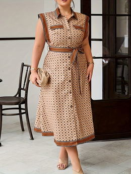 jkthpu-45 Plus Size Allover Print Button Front Belted Dress, Elegant Cap Sleeve Collared Midi Dress For Spring & Summer, Women's Plus Size Clothing