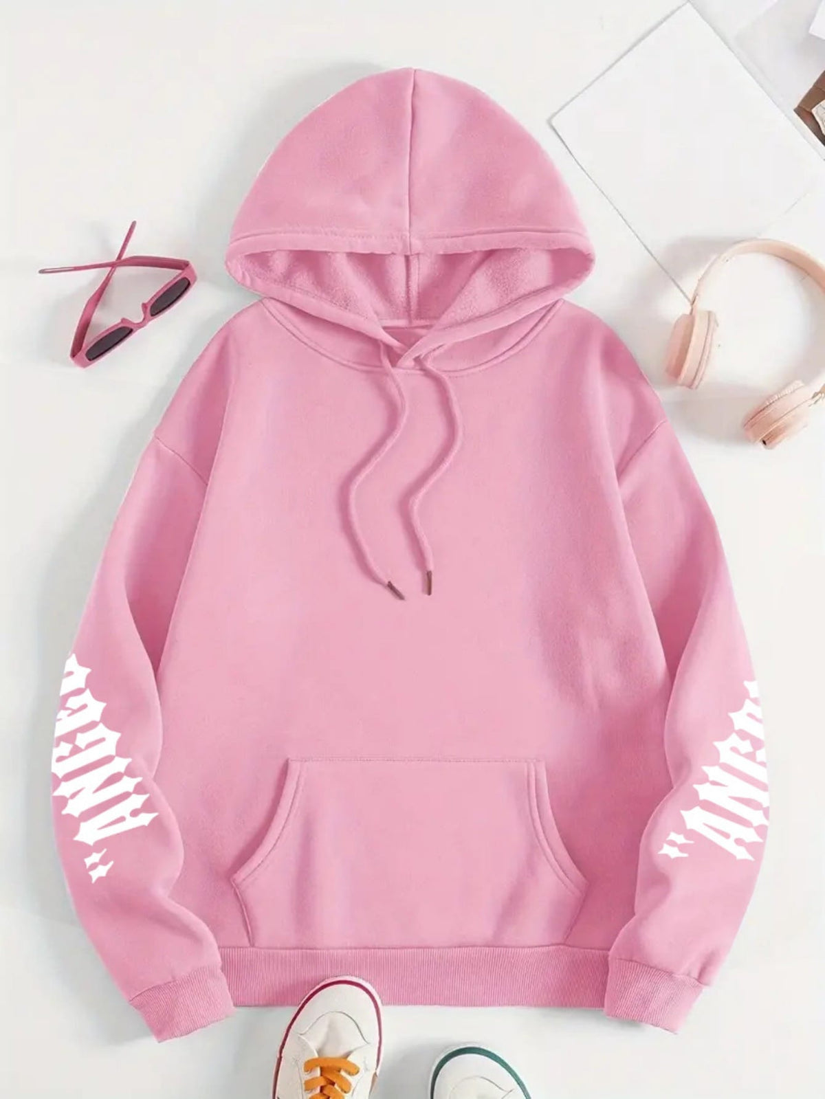 jkthpu-45 Plus Size Angel Wings Print Hoodie - Soft