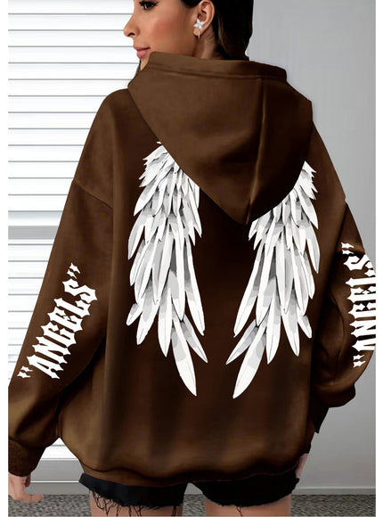 jkthpu-45 Plus Size Angel Wings Print Hoodie - Soft