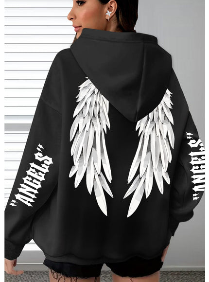 jkthpu-45 Plus Size Angel Wings Print Hoodie - Soft