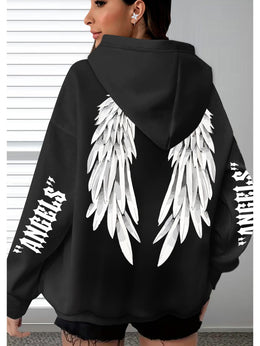 jkthpu-45 Plus Size Angel Wings Print Hoodie - Soft