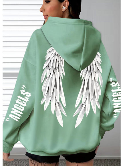 jkthpu-45 Plus Size Angel Wings Print Hoodie - Soft