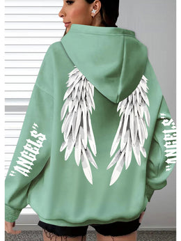 jkthpu-45 Plus Size Angel Wings Print Hoodie - Soft