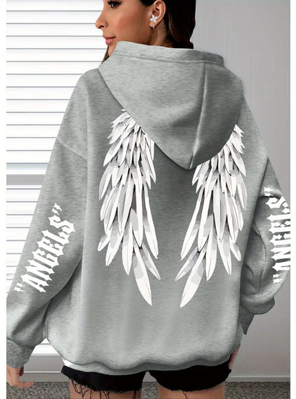 jkthpu-45 Plus Size Angel Wings Print Hoodie - Soft