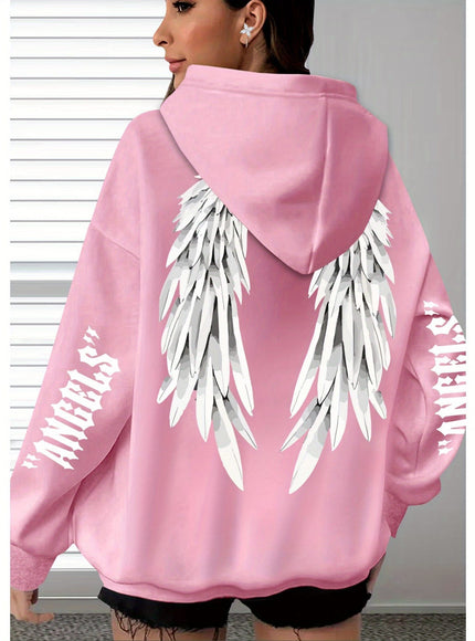 jkthpu-45 Plus Size Angel Wings Print Hoodie - Soft