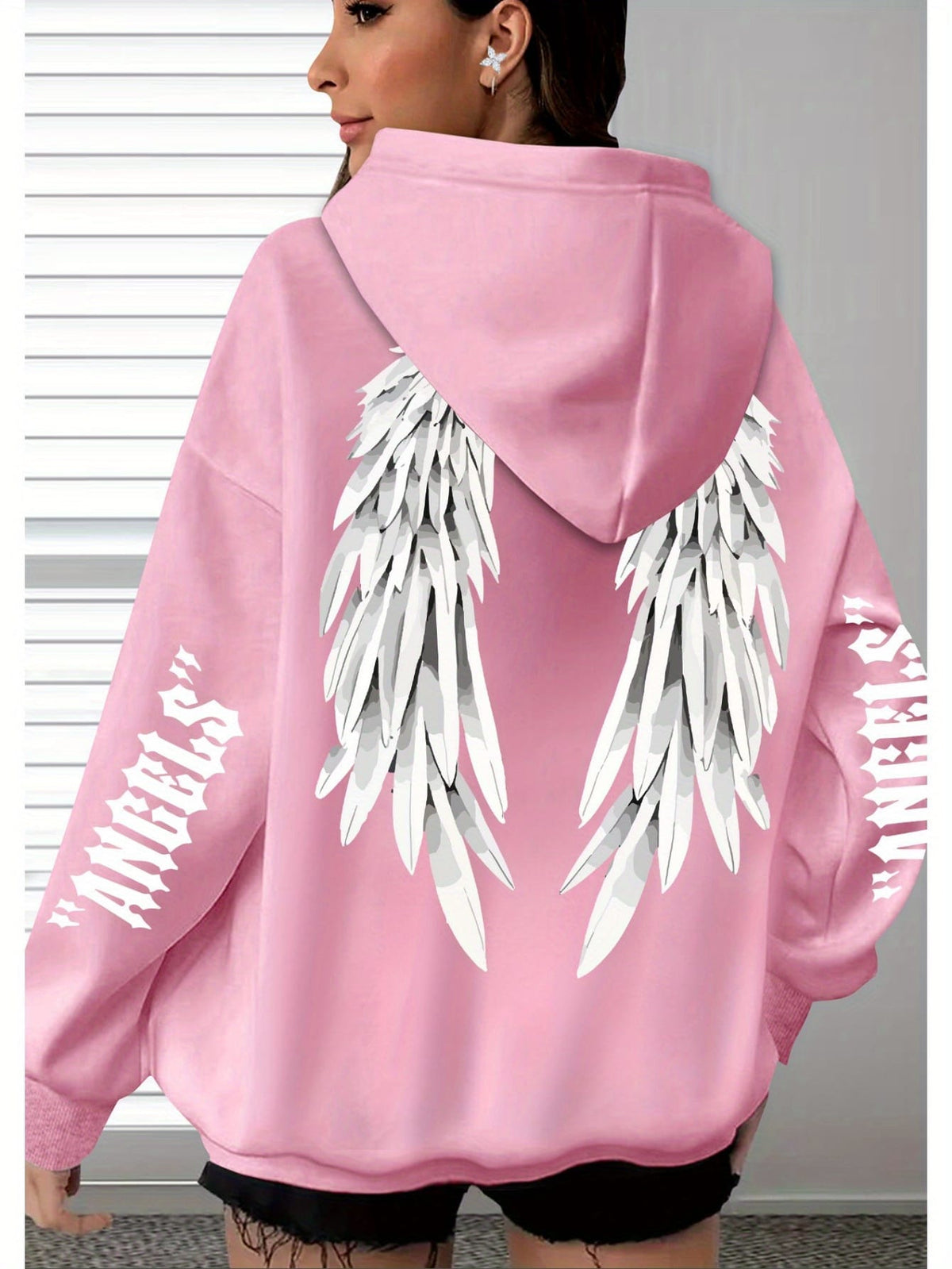 jkthpu-45 Plus Size Angel Wings Print Hoodie - Soft