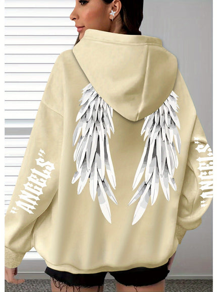 jkthpu-45 Plus Size Angel Wings Print Hoodie - Soft