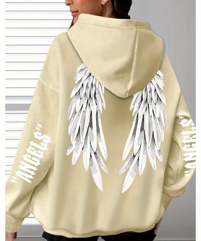 jkthpu-45 Plus Size Angel Wings Print Hoodie - Soft