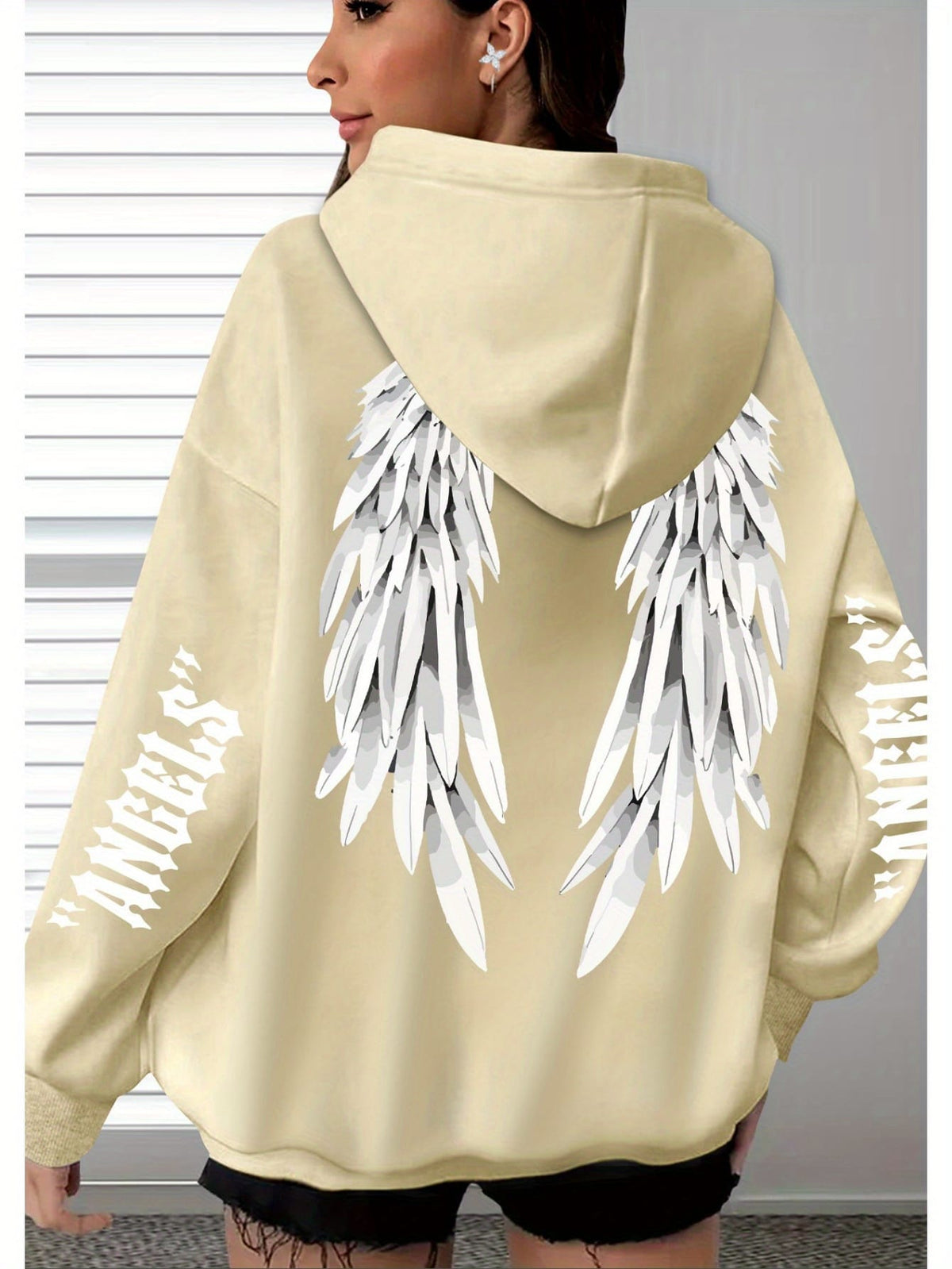 jkthpu-45 Plus Size Angel Wings Print Hoodie - Soft
