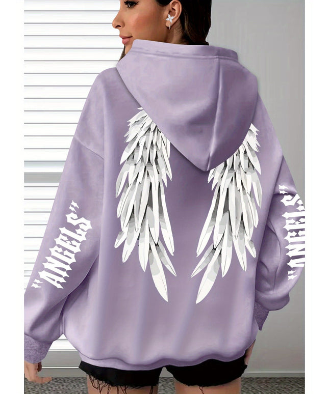 jkthpu-45 Plus Size Angel Wings Print Hoodie - Soft