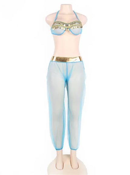 KissICON Plus Size Arabic India Woman Belly Dance style transparent Mesh Lingerir Pajama Sets with Veil Hot and Sexy