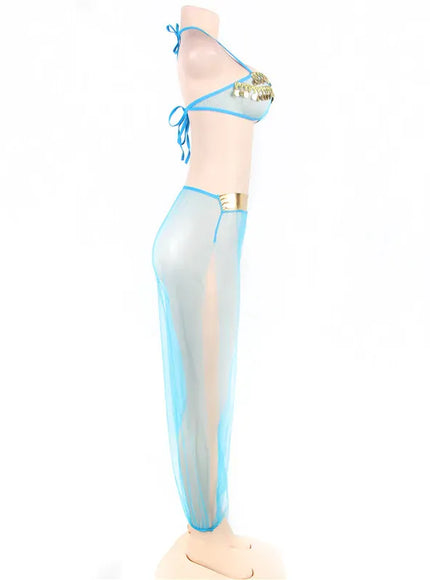 KissICON Plus Size Arabic India Woman Belly Dance style transparent Mesh Lingerir Pajama Sets with Veil Hot and Sexy