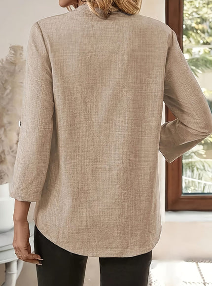 jkthpu-45 Plus Size Army Green Elegant Long Sleeve Blouse – V-Neck Button Detail