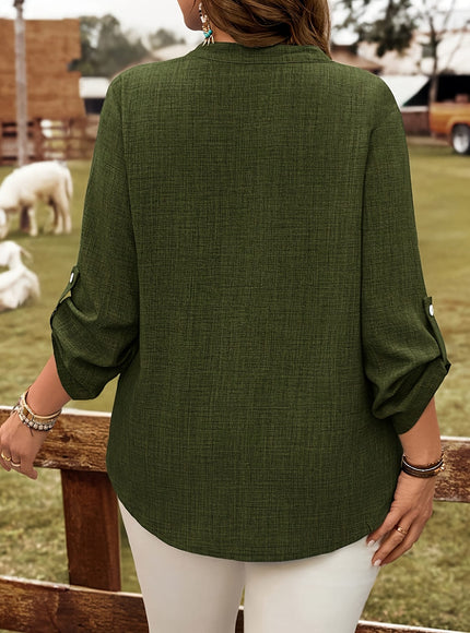 jkthpu-45 Plus Size Army Green Elegant Long Sleeve Blouse – V-Neck Button Detail