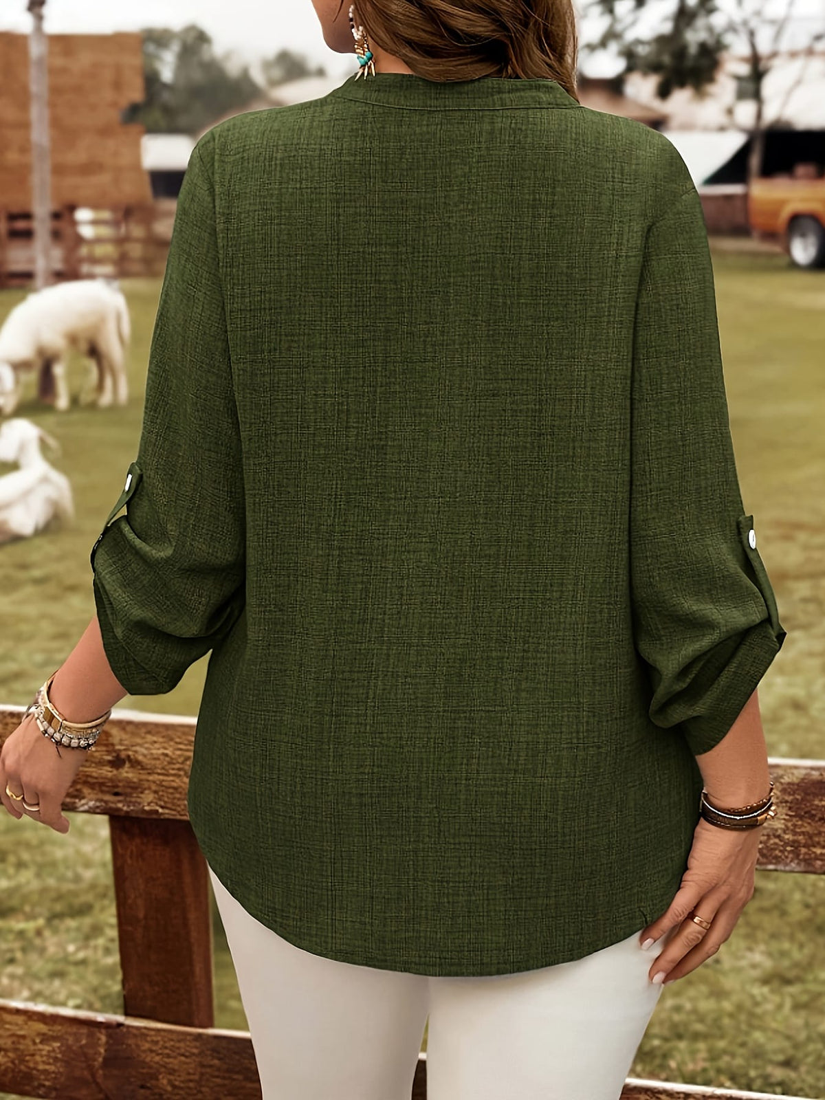 jkthpu-45 Plus Size Army Green Elegant Long Sleeve Blouse – V-Neck Button Detail