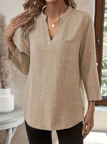 jkthpu-45 Plus Size Army Green Elegant Long Sleeve Blouse – V-Neck Button Detail