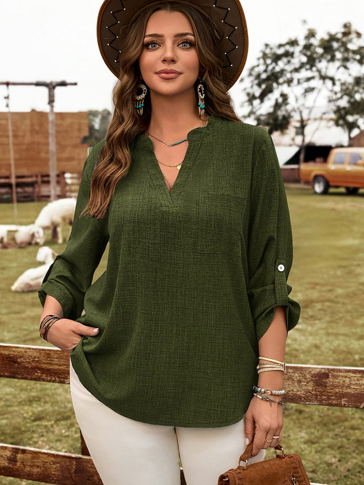 Plus Size Army Green Elegant Long Sleeve Blouse – V-Neck Button Detail