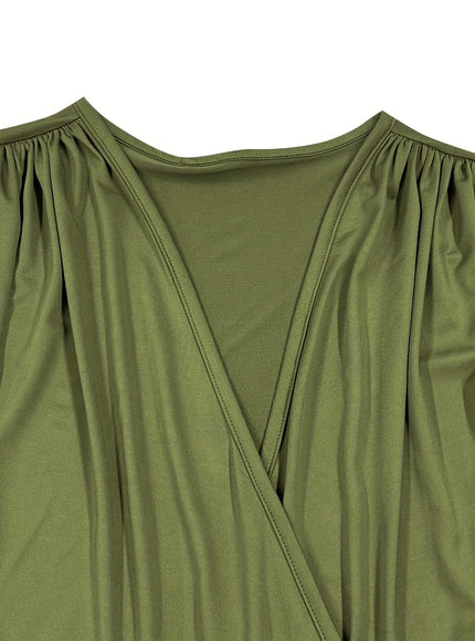 jkthpu-45 Plus Size Army Green V-Neck Cross Front Long Sleeve Top