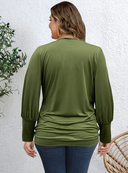 jkthpu-45 Plus Size Army Green V-Neck Cross Front Long Sleeve Top