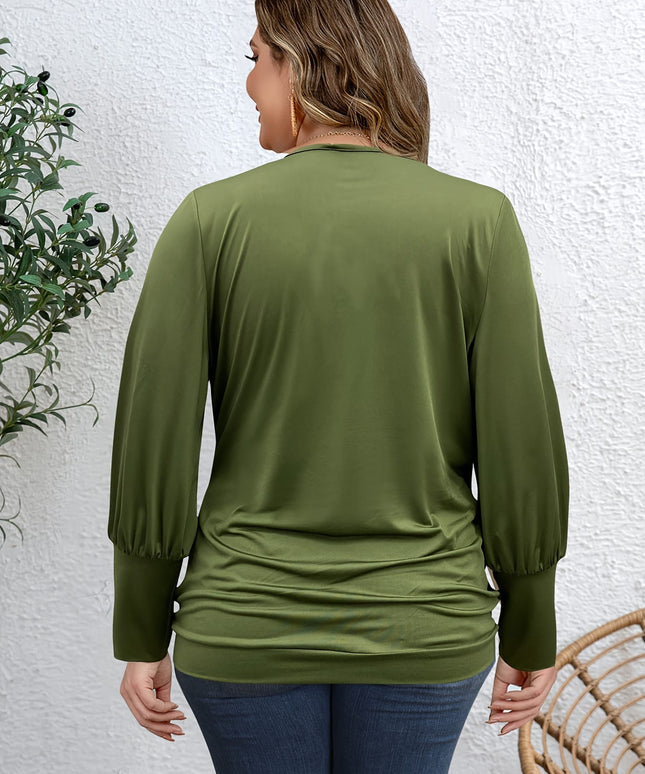 jkthpu-45 Plus Size Army Green V-Neck Cross Front Long Sleeve Top