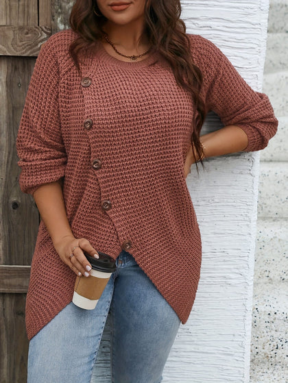 jkthpu-45 Plus Size Asymmetrical Hem Sweater, Casual Long Sleeve