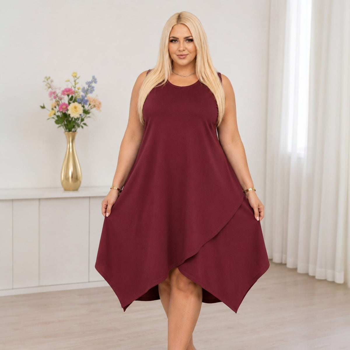 KissICON Dresses Plus Size Asymmetrical Sleeveless Solid Round Neck Dress